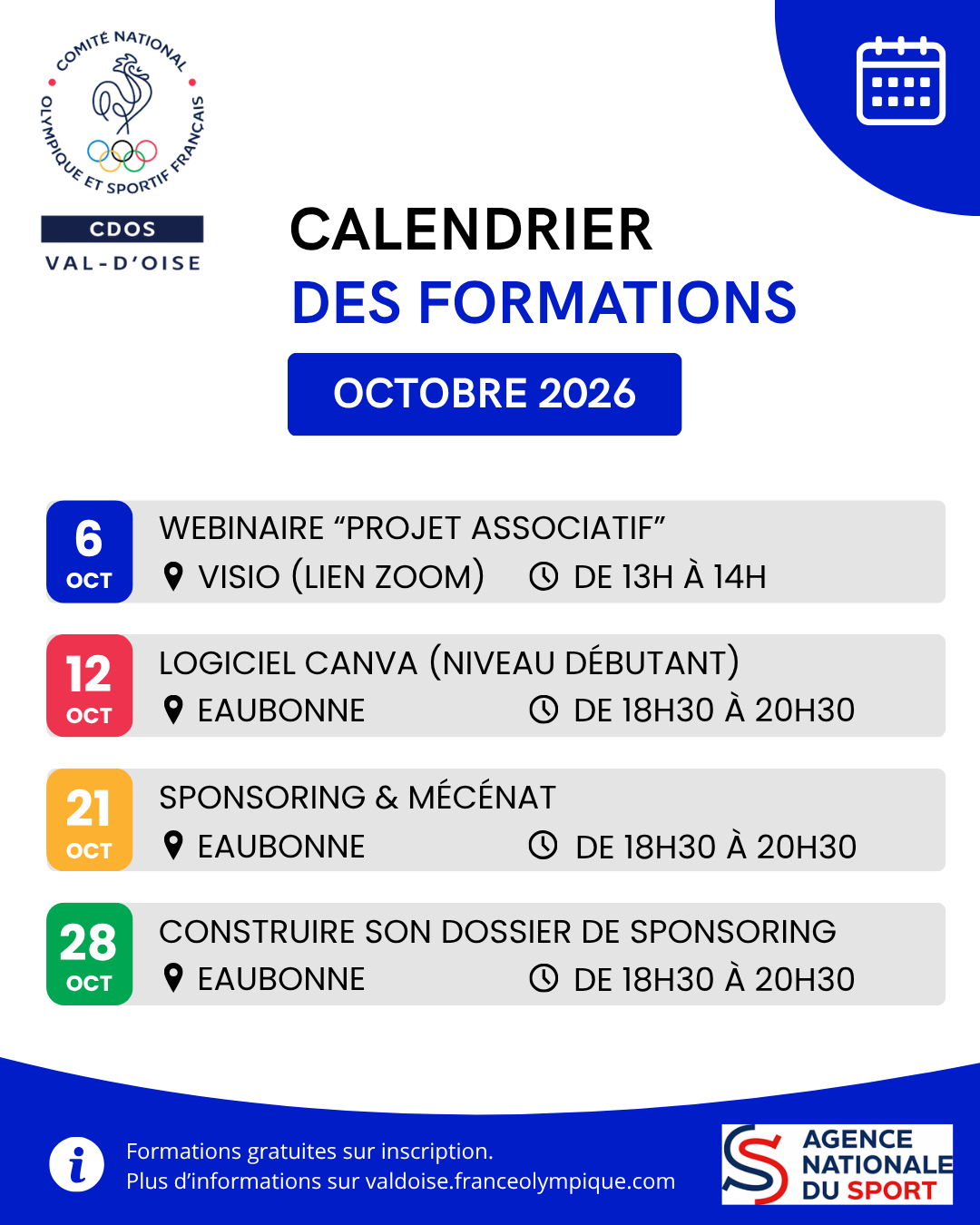 Calendrier des formations octobre
